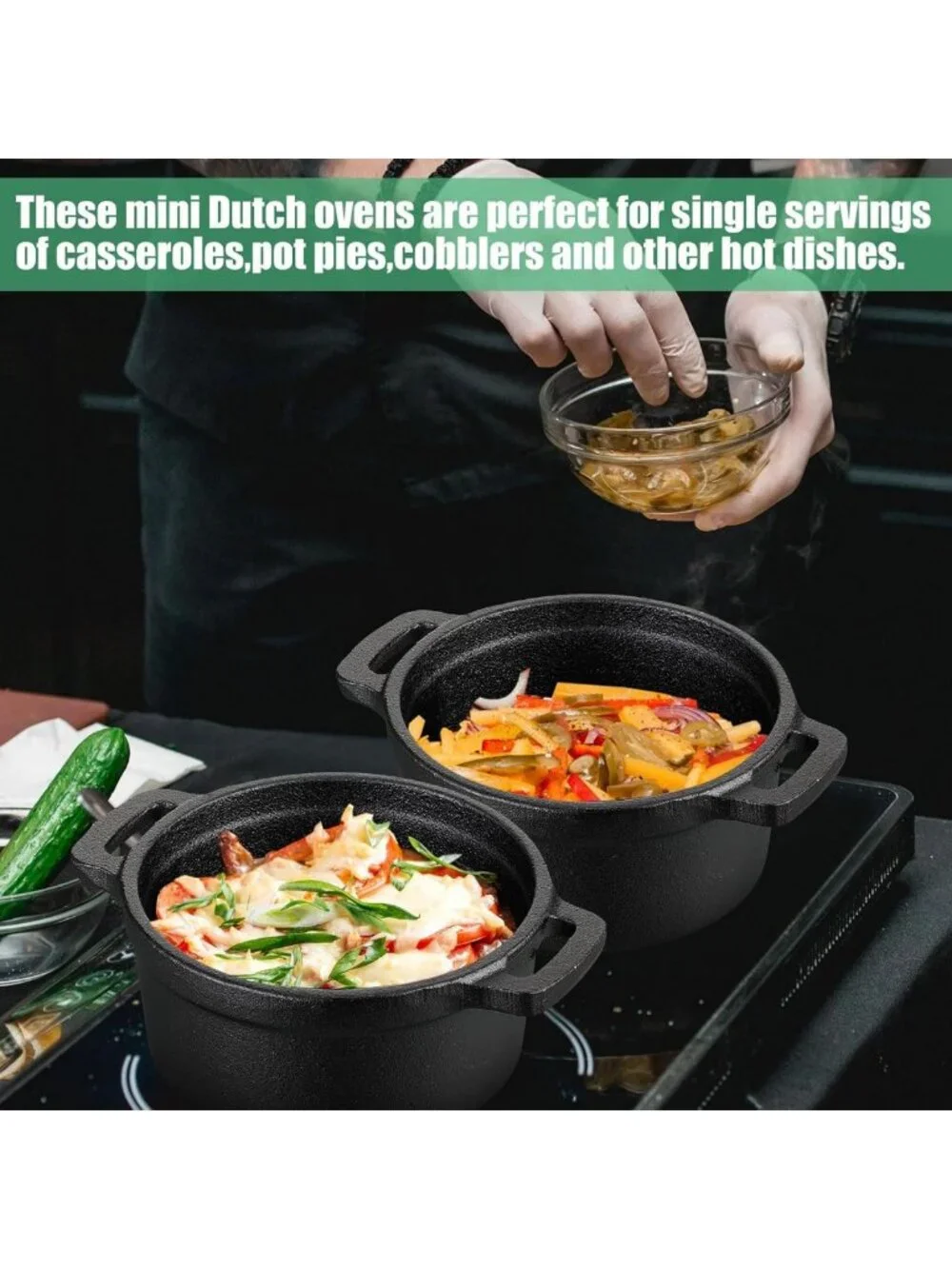Set of 2 Pre-Seasoned 20 oz Cast Iron Dutch Ovens with Lids & Wooden Base